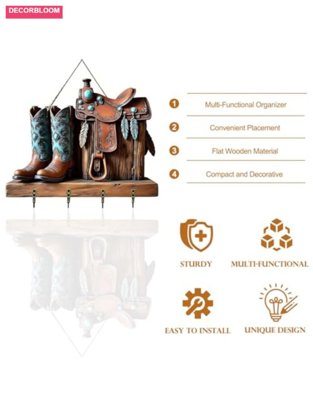 Boot-Shaped Wooden Key Holder with 4 Hooks - Wall Mount Entryway Organizer - Picture 3 of 6
